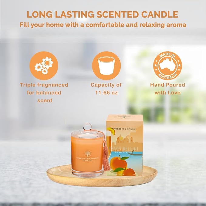 Luxury Peach Bellini Soy Wax Candle - Hand Poured in Australia, 11.66 oz Glass Jar Fancy Candle, Strong Scented, Non-Toxic, Long Lasting 60 Hour Burn, Refreshing Natural Citrus Candle Gift