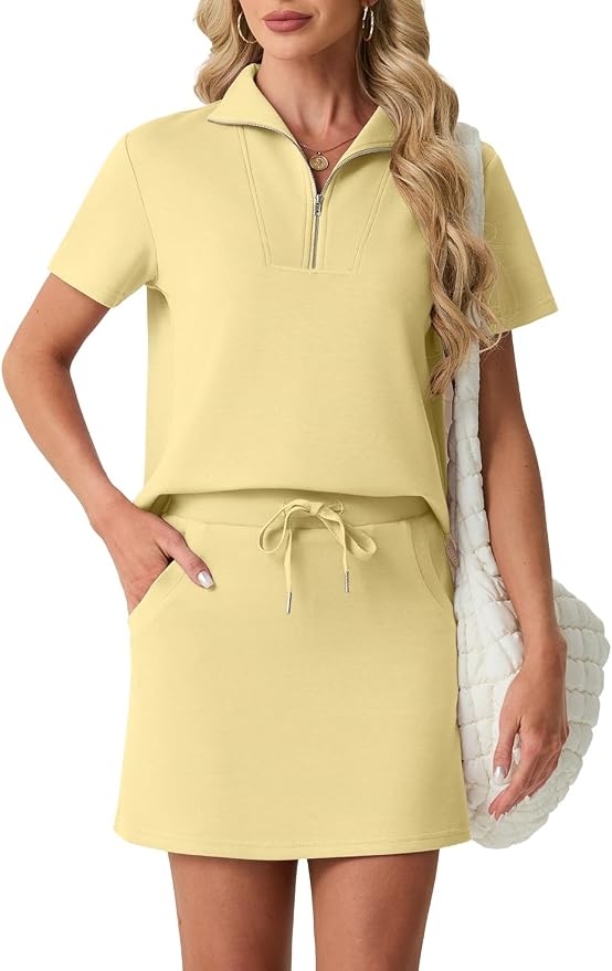 GRECERELLE Women's Summer 2 Piece Skort Set Half Zip Short Sleeve Top & Pocketed Tennis Skirt For Sports & Vacations.
