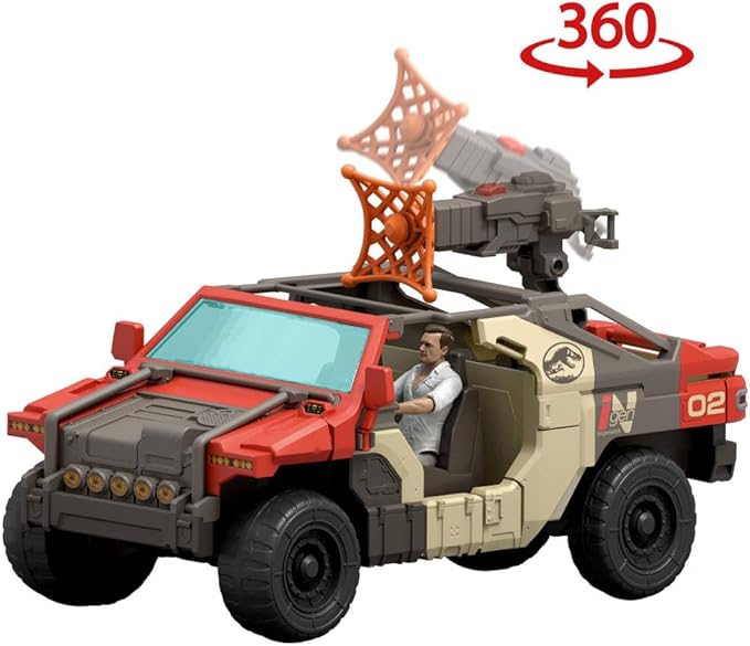 Mattel Jurassic World Rebirth Vehicle with 1 Human & 1 Dinosaur Figure, Launch ‘N Battle Truck, Martin Krebs Figure & Raptor, Turret & 2 Projectiles