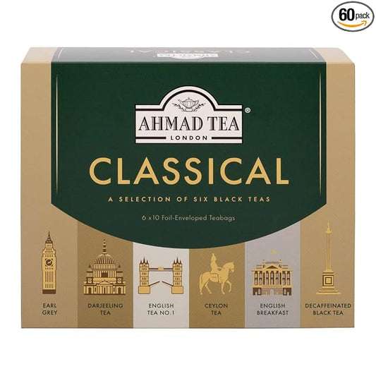 Ahmad Tea Black Tea, Classic Selection Pack Teabags, 60 Foil Teabags - Caffeinated, Decaffeinated, & Sugar-Free