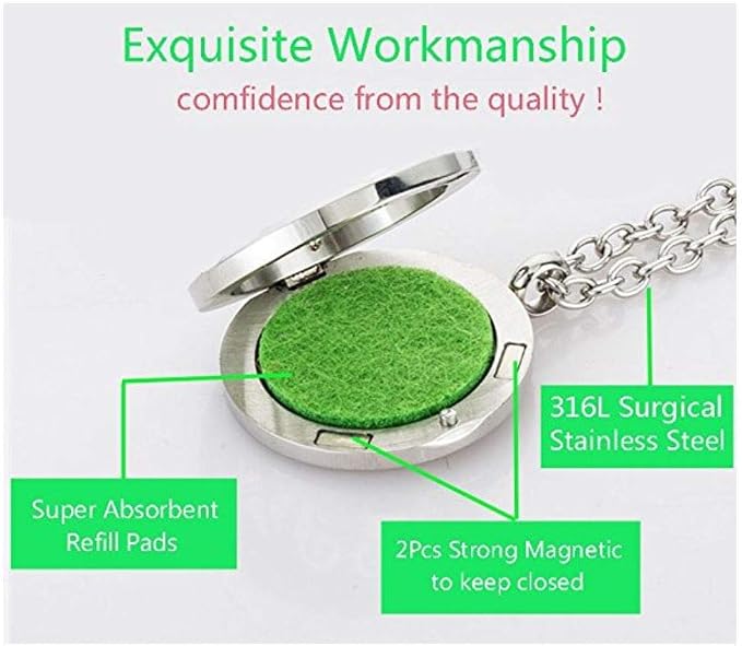 Aromatherapy Essential Oil Diffuser Stainless Steel 30MM Silver Magnetic Locket Pendant 2 Sizes Chain Necklace, Refill Pads & Diffuser Bracelet in a Velvet Bag (Christmastreewithornaments)