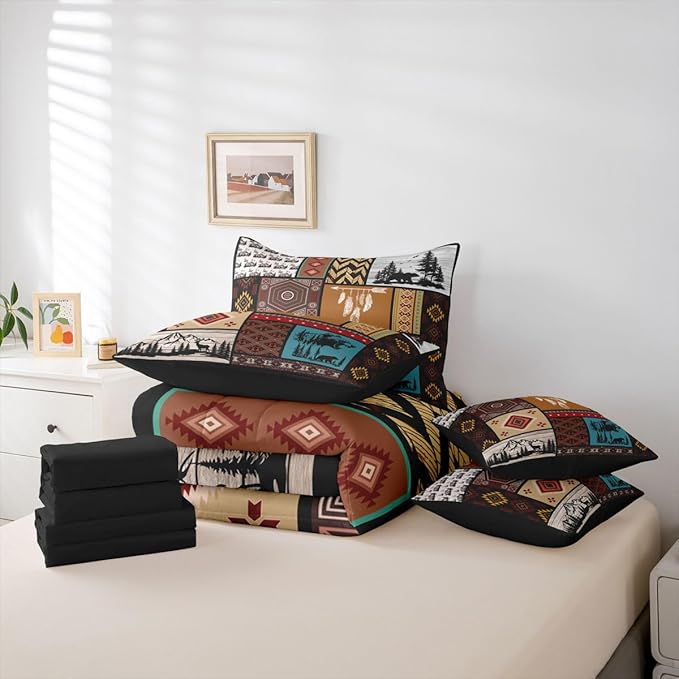 Feelyou Rustic Bear Comforter Set with Sheets 7 Piece Twin Size Farmhouse Cabin Hunting Deer Bedding Set for Kids Boys Girls Retro Bohemian Bed in a Bag Buffalo Plaid Room Decor Soft Microfiber