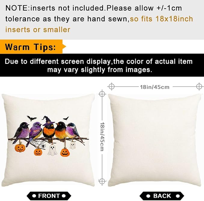 RABUSOFA Halloween Pillow Covers 18x18 Inch Halloween Decorations for Home | Watercolor Birds,,Spooky Ghost Pumpkin Bat Halloween Decor,Supplies Accessories for Home Couch Party Patio