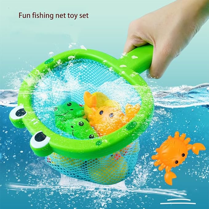 Baby Bath Toys 1 Pcs Frog Animals Fishing Net with 3 Pcs Water Floating Sea Animals Frog Toys, Bathroom Pool Water Floating Accessory Duck Crab Frog Fishing Play Set for Toddlers