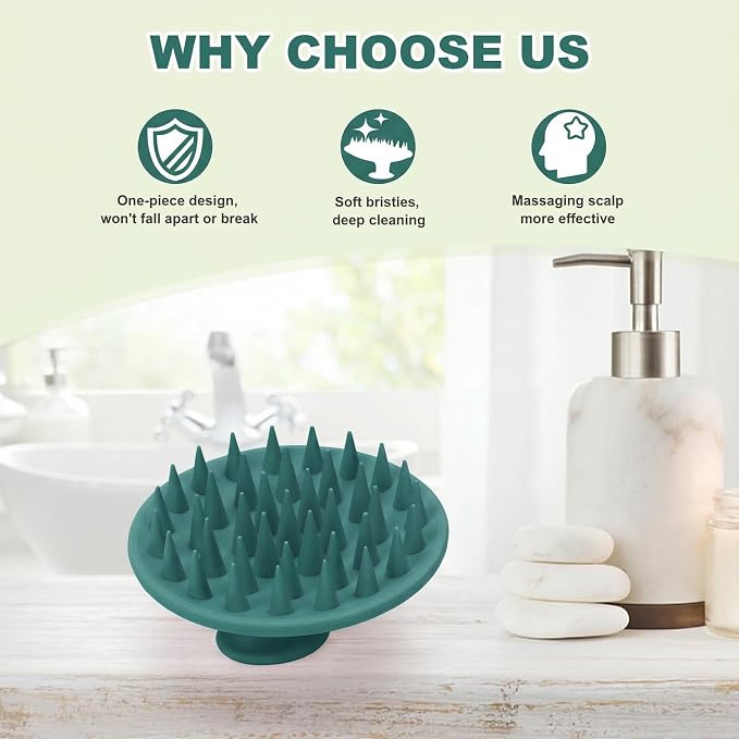 Meartchy Silicone Scalp Massager Shampoo Brush, Scalp Brush for Hair Growth & Dandruff Removal, Hair Scrubber Scalp Stimulator Exfoliator Brush with Soft Bristles for Wet Dry Scalp Care (Dark Green)