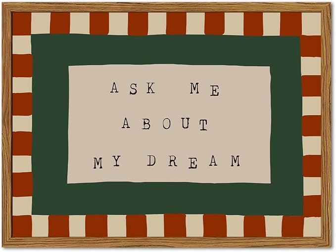 Framed Ask Me About My Dream Wall Art, Retro Red Green Checkered Pictures Wall Decor, Mid Century Modern Minimalist Text Paintings Canvas Prints for Home Living Room Bedroom 16x24 inch