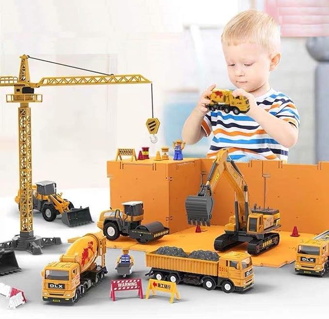 ZUKULIFE Engineering Construction Vehicles and Construction Site Set with Storage Container, 6 Vehicles - Tower Crane, Cement Truck, Excavator, Road Roller, Dump Truck and Fuel Carrier