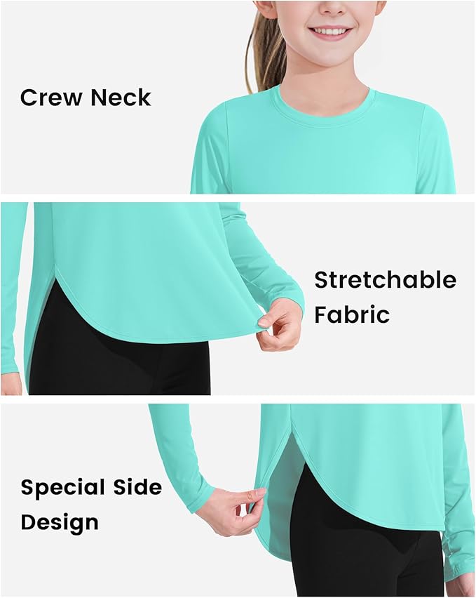 JOCMIC Girls Long Sleeve Shirts Kids Athletic Quick Dry UPF 50+ Sun Shirt Basic Tees for Gym Yoga Tops