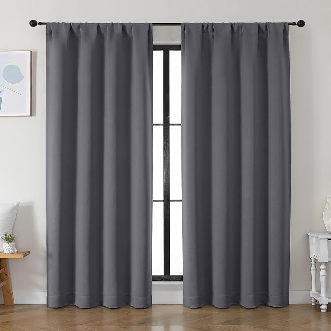 Simplebrand Ava Grey Blackout Curtains for Bedroom 84 Inch Length 2 Panels Set, Solid Thermal Insulated Privacy Living Room Window Treatment Curtains Blackout Drapes, W50 x L84 Inch, Grey