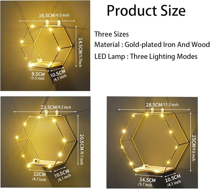 Liywall - Hexagon Floating Shelves Wall Decor, Gold Metal Wire and Wood Wall Mounted Storage Shelf Home Decorations Art for Bedroom Living Room Kitchen Bathroom, Set of 3 with LED Lights