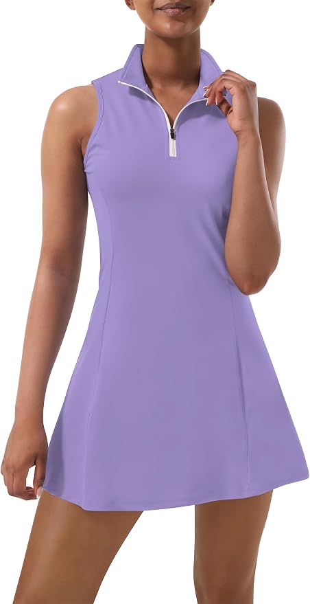 Tennis Dress for Women, Golf Dress with Shorts and Pockets Athletic Dress | Sleeveless Collared Half-Zipper Workout Sport Dress, Stretch Moisture Wicking Fabric, Tennis Golf Outfits