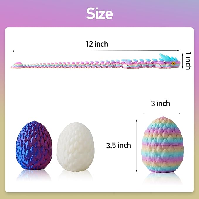 FYEFKJSA 3D Printed Dragon Eggs with Dragon Inside - 12Inch,Articulated Fidget 3D Printed Animals, Interesting Decorative Gift, Easter Basket Essentials Stuffers (Random Rainbow)