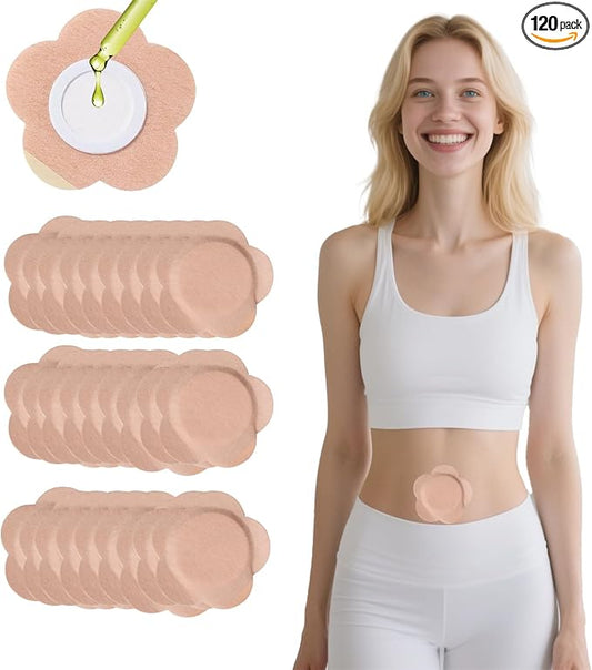120PCS Disposable Castor Oil Belly Button Patch– Oil-Free, Self-Adhesive Cotton Core Wrap for Neck, Shoulders & Knees, No Wash, Anti-Seepage (Beige Flower)