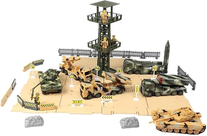 Military Vehicles and Army Battle Site Set with Storage Container, 6 Vehicles, Scout Tower, Missile Truck, Tank (Military-playsets)