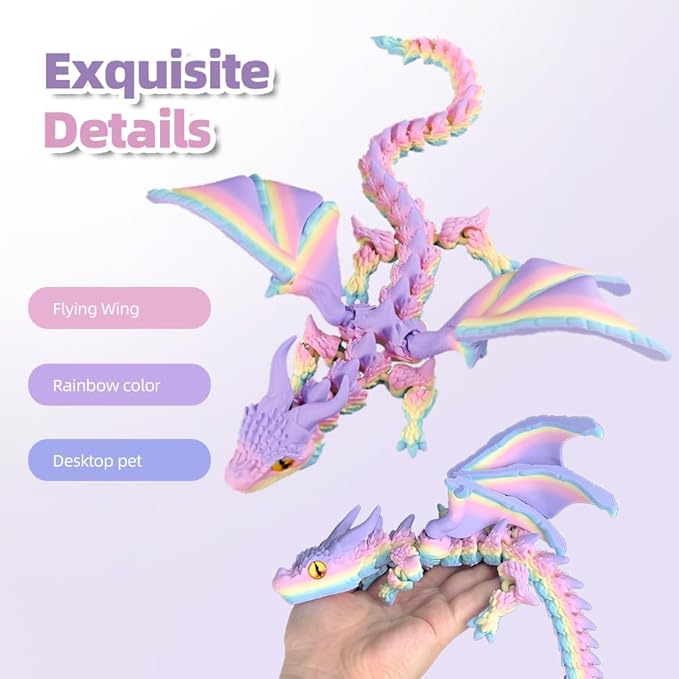 3D Printed Dragon with Wings,3D Printed Animals Toys, Fidget Dragon Toys, Flexible Articulated Winged Crystal Dragon Model,Desktop Pet Deco (Matte-Rainbow)