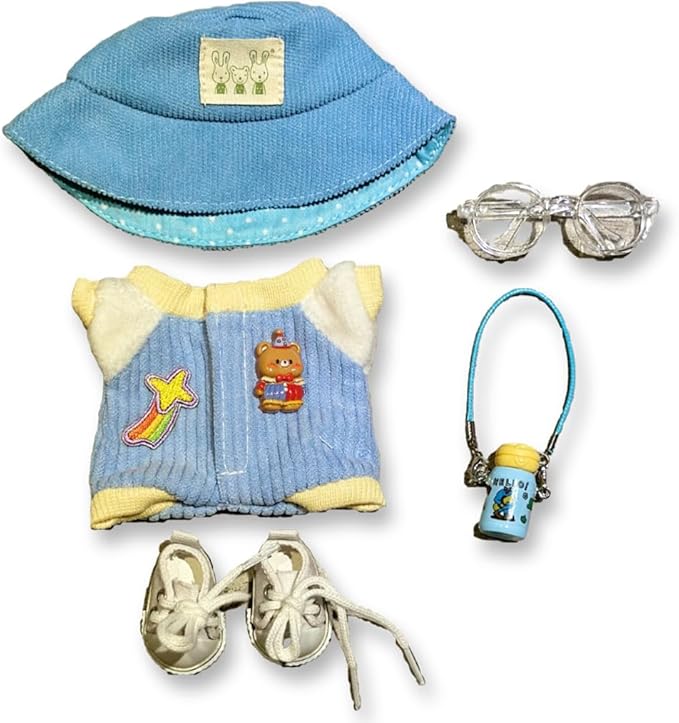 5 Set 17cm Doll Clothes -Clothes for Dolls Outfit - Accessories for 17cm Dolls Clothes +Light Pink Heart-Shaped Velvet hat + Small Camera + Glasses + Canvas Shoes, No Doll Included (Style G)