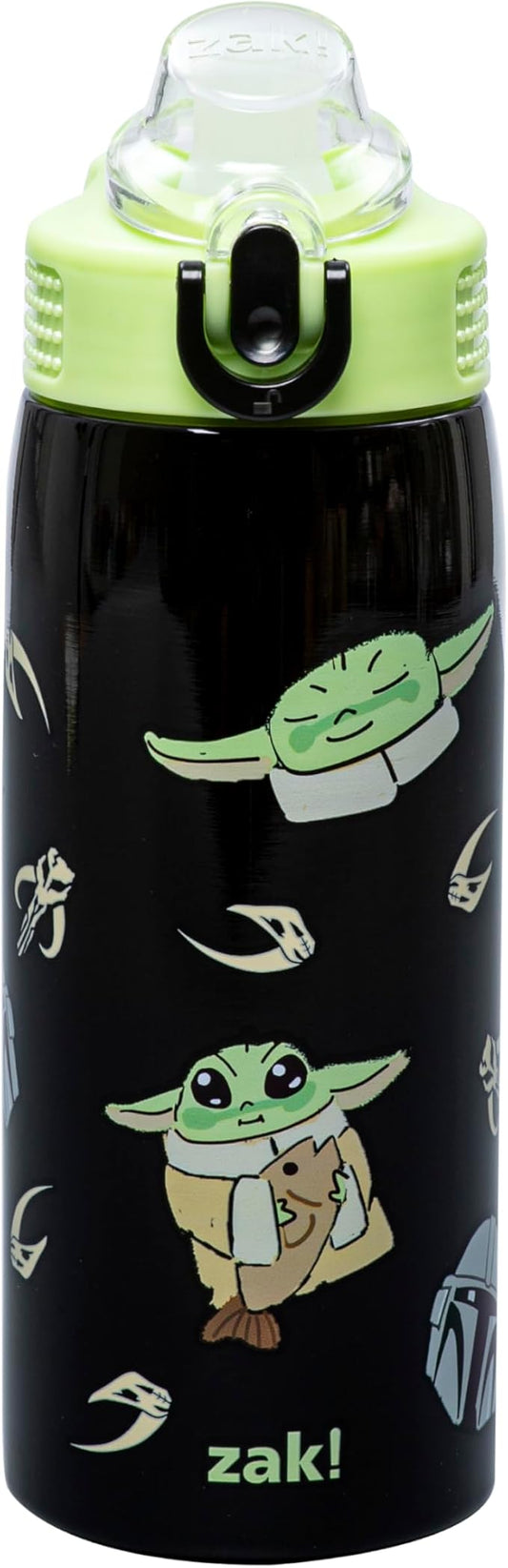Zak Designs Star Wars The Mandalorian Sage Kids Water Bottle For School or Travel, 19oz Stainless Steel Water Bottle With Straw, Handle, and Leak-Proof, Pop-Up Spout Cover (Grogu, Din Djarin)