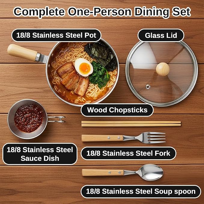 Korean Ramen Pot Set, 18/8 Stainless Steel Ramen Cooking Pot with Glass Lid, Coating-Free One-Person Dining Set, Wooden Handle Bowl, Fork Spoon Chopsticks&Sauce Dish, Safe for Gas Stove