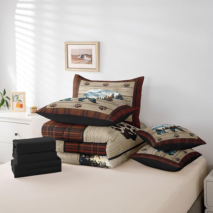 Feelyou Rustic Bear Comforter Set with Sheets Wild Animal Bear King Size 7 Piece Bedding Set Kids Boys Girls Hunting Theme Bed in a Bag Rustic Cabin Country Room Decor