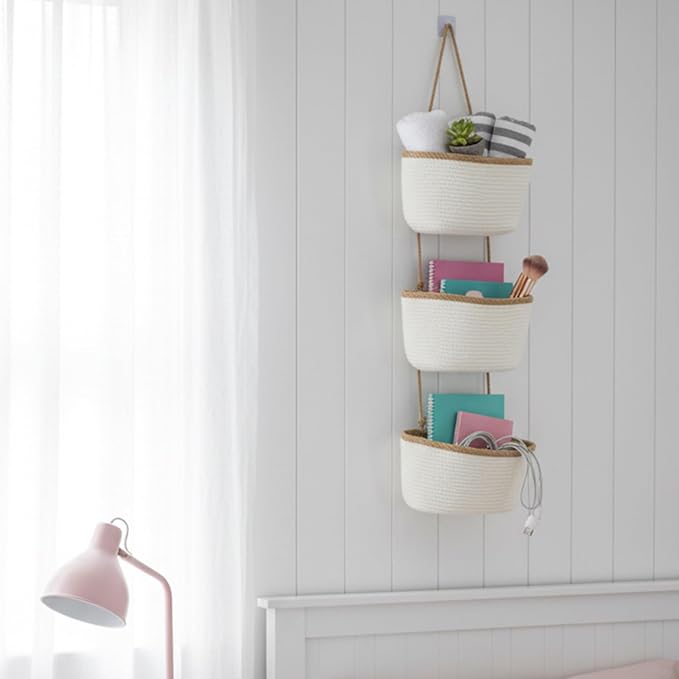 TeoKJ Over the Door Hanging Basket, 3-Tier Woven Cotton Wall-Mounted Storage Organizer Bag Decorative Hanging Nursery Baskets, White & Dark Brown