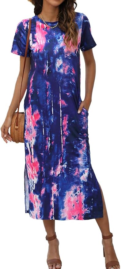Naggoo Women's Casual T Shirt Midi Dress with Side Slit and Pockets