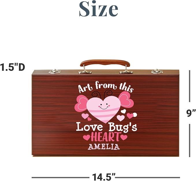 Let's Make Memories Personalized 80-Piece Deluxe Art Set - for Kids - Wood Carrying Case - Oil Crayons, Colored Pencils, Watercolors - Arts & Crafts - Add Their Name - Love Bug