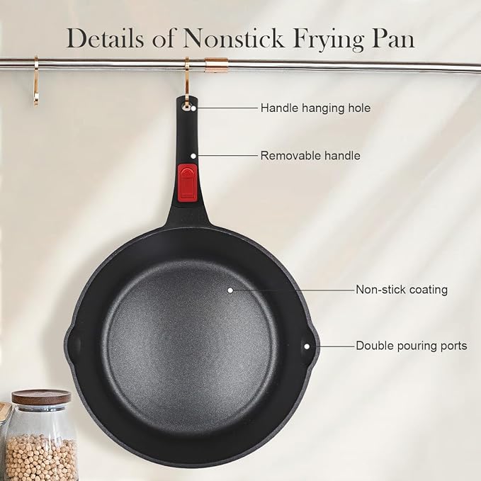 12 Inch Deep Frying Pan with Lid, Large Nonstick Skillet, 5 Qt Saute Pan with Detachable Handle, Compatible with All Stoves, Induction Ready, Oven Safe, PFOA Free, Red