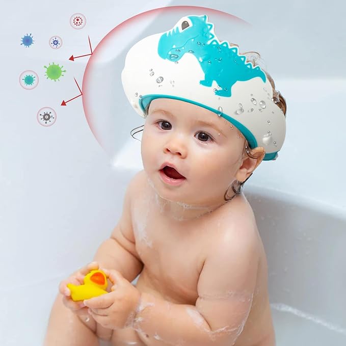 FUNUPUP Baby Shower Cap for Kids, Baby Bath Shampoo Visor Cap Hair Washing Shield Adjustable Silicone Bath Hat for Toddler Girls and Boys (Dinosaur,Blue)
