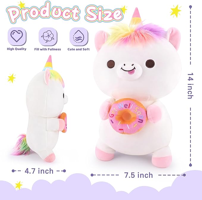 Achwishap Get Well Soon Unicorn Plush Stuffed Animal,Soft Get Well Soon Gifts for Kids Girls Adults-14” Kawaii Unicorn Plush Toy Pillow,Cute Plushies Doughnut Decoration Feel Better Gifts