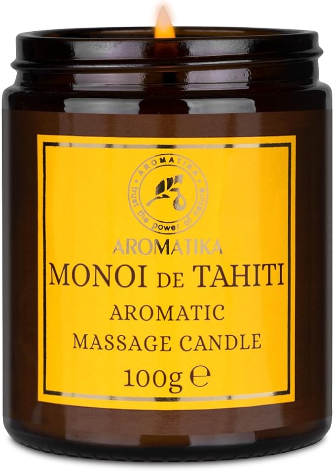 Scented Massage Candle Monoi de Tahiti - Soy Wax Candle 3.5Oz - Relaxing Massage Candle - Blend of Coconut & Almond & Monoi de Tahiti Oils - Vanilla Oleoresin - Skin Care - Beauty - Aromatherapy