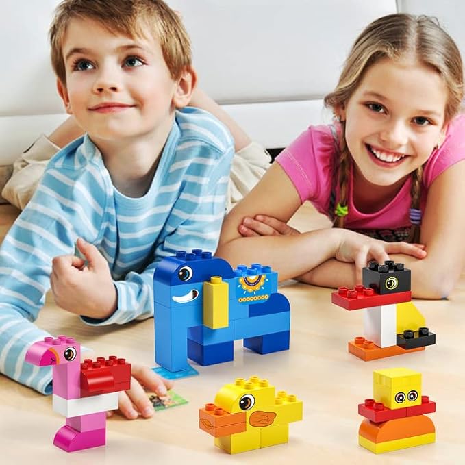 burgkidz Educational Toy Classic Big Size Bricks Building Blocks, Large Compatible Animal Building Bricks with Reusable Storage Bucket Gift for Boy Girl Ages 3+