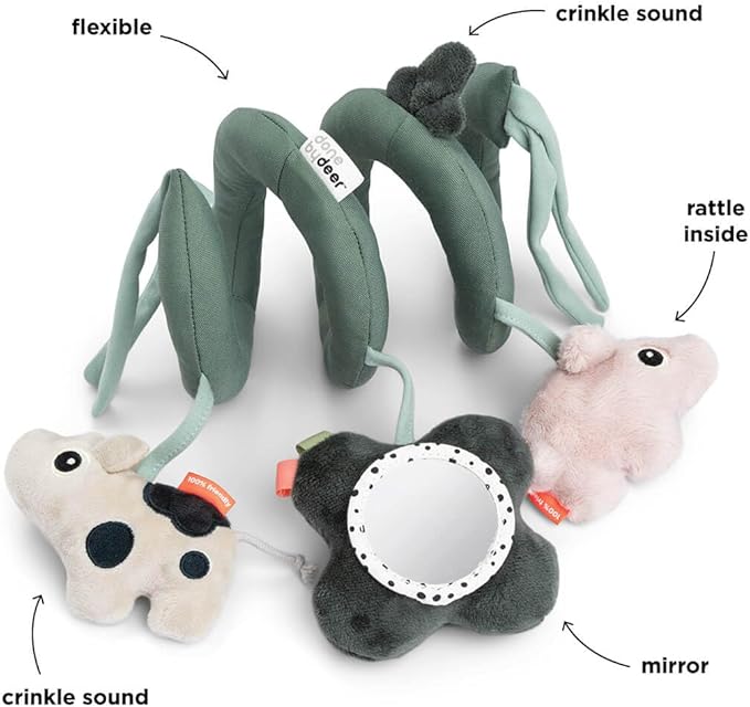 Done by Deer Car Seat Toys Hanging - Activity Spiral – Sensory Baby Toy with Mirror with Sound & Crinkle Sounds - Attachable to Cot, Carseat & Stroller - Soft & Baby-Friendly Materials