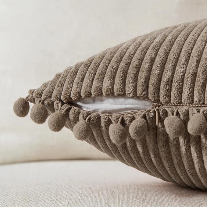 Fancy Homi Set of 2 Light Brown Euro Decorative Throw Pillow Covers 26x26 Inch with Pom-poms, Boho Soft Corduroy Solid Square Cushion Case for Couch Sofa Bedroom Car Living Room 66x66 cm