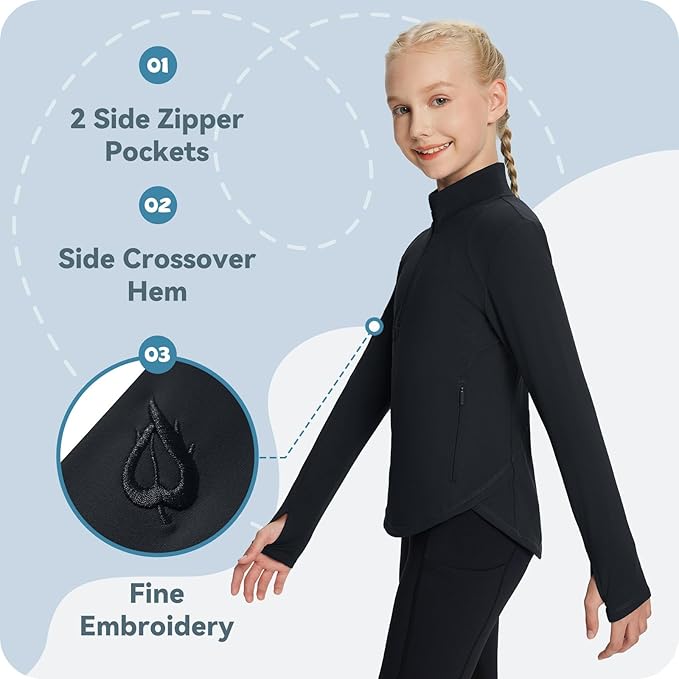 baleaf Girls Long Sleeve Shirts Fleece Jacket Fall Half Zip Pullover Kids Sweatshirts Athletic Thermal Coat