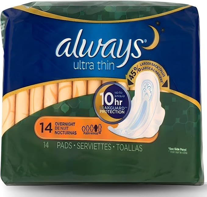 Always Ultra Thin Size 4 Overnight Pads With Wings Unscented, 14 Count (3700030165)