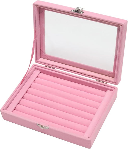 Small Velvet Jewelry Tray with Clear Lid, 8 Rolls Pink | Lockable Ring Earring Holder Organizer Storage Box Case Jewelry Box Organizer for Rings Earrings Bracelets Brooches