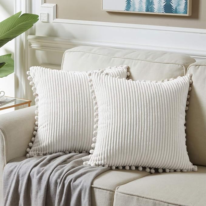 Fancy Homi 22x22 Pillow Covers, Pack of 2 Cream White Throw Pillow Covers with Pom-poms, Super Soft Corduroy Square Solid Cushion Cover for Couch Sofa Bedroom Living Room 55x55 cm
