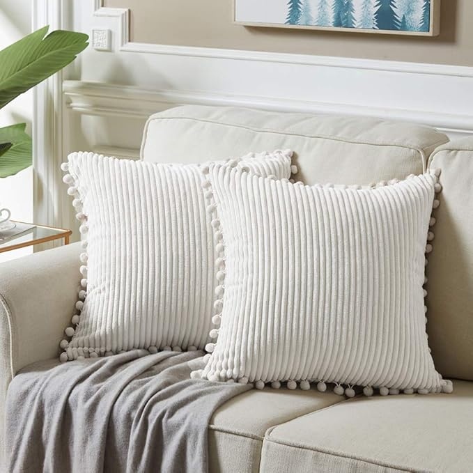 Fancy Homi 2-Pack Cream Corduroy Pom Pom Throw Pillow Covers, 18x18 Inch