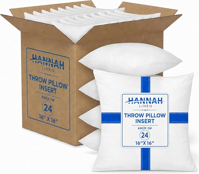 Hannah Linen Throw Pillow Inserts 16x16 – 24 Pack Square Decorative Pillow Insert for Couch, Sofa & Bed, Soft Fluffy Polyester Filled Cushion Stuffers, Indoor Home Decor Pillows