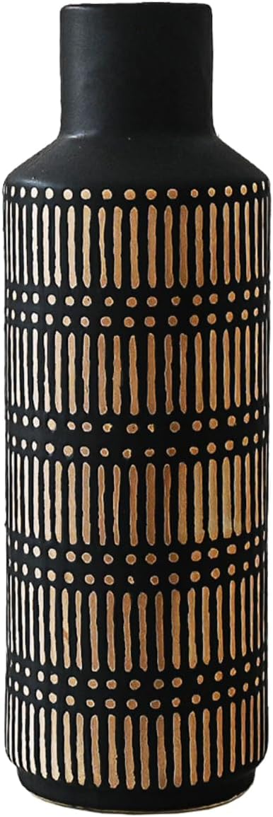 Rustic Ceramic Vase for Living Room Bedroom 11.02'' Black Flower Vase for Bouquet Fake Plant Home Decor Office Table Shelf Fireplace Centerpieces Antique Retro Vintage Classic Modern