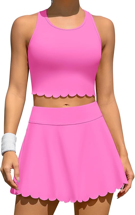 ATTRACO Tennis Outfits for Women Racerback Golf Dress Workout Dress | Athletic Skirt Set, Built-in Shorts, 2 Pockets, Scalloped, Racerback, High Waisted, Pickleball, Workout Set