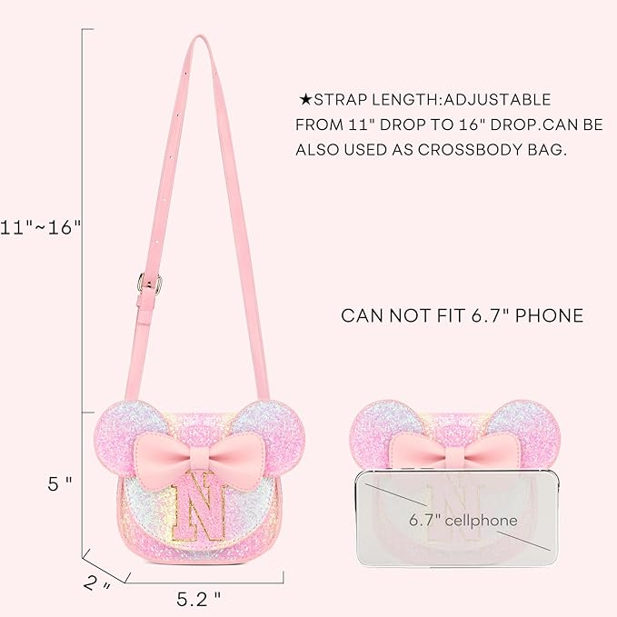 mibasies Toddler Purse Girl Gifts: Girls Birthday Gifts for 3-8 - Toys for Ages 2-4 Girls Mouse Ears Purse, Glitter Rainbow, Letter N