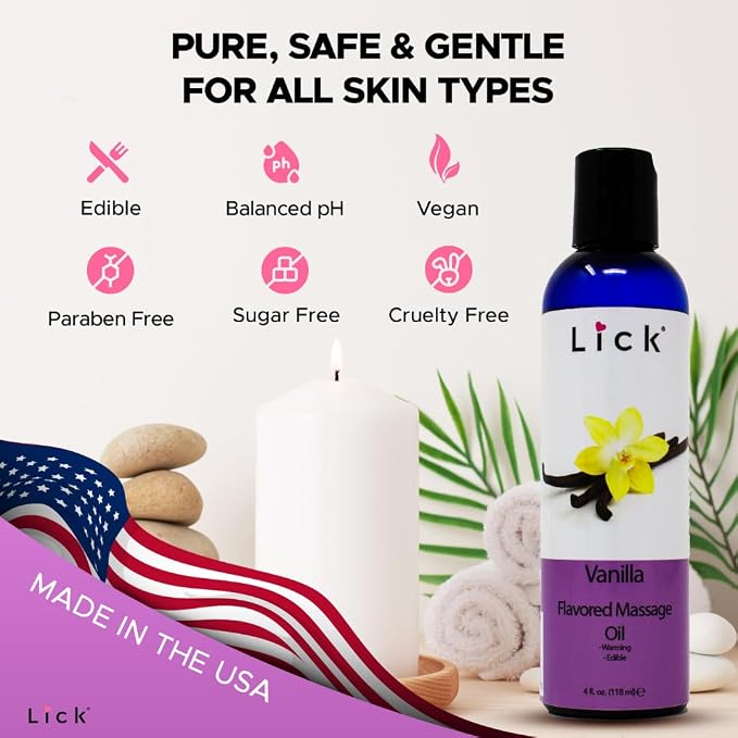Lick Vanilla Flavored Massage Oil – Classic Dessert-Inspired Edible Massage Oil with Sweet Almond Oil, Silky Non-Greasy Glide for Couples Massage & Skin Care, 4 oz