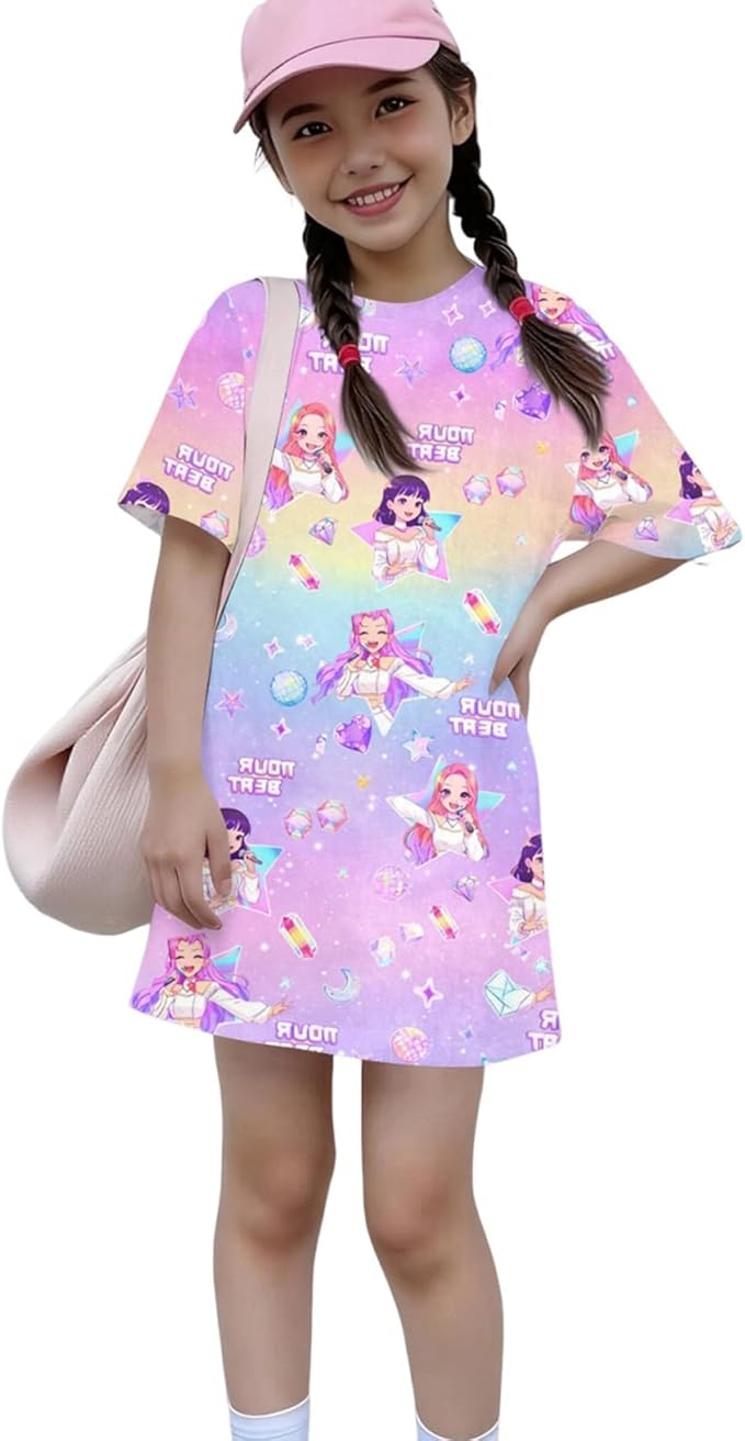 Girl's Anime K-POP Graphic Long Dress T-Shirt - Casual Loose Fit Short Sleeve Top