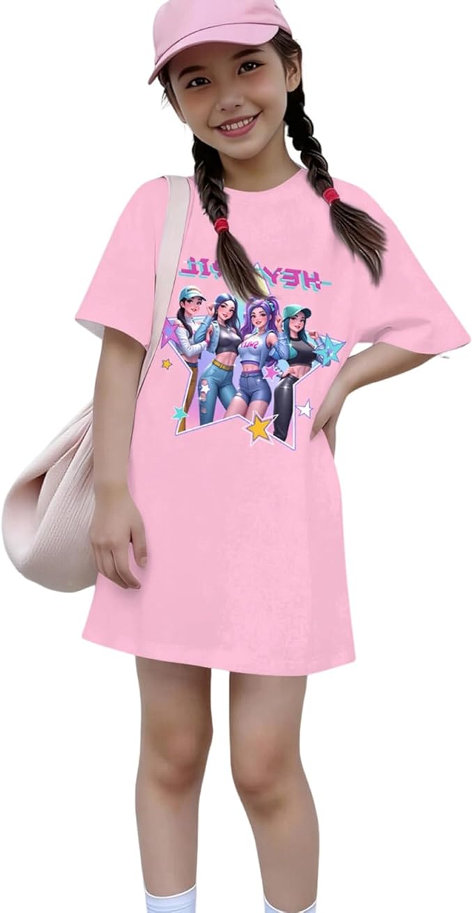 Girl's Anime K-POP Graphic Long Dress T-Shirt - Casual Loose Fit Short Sleeve Top
