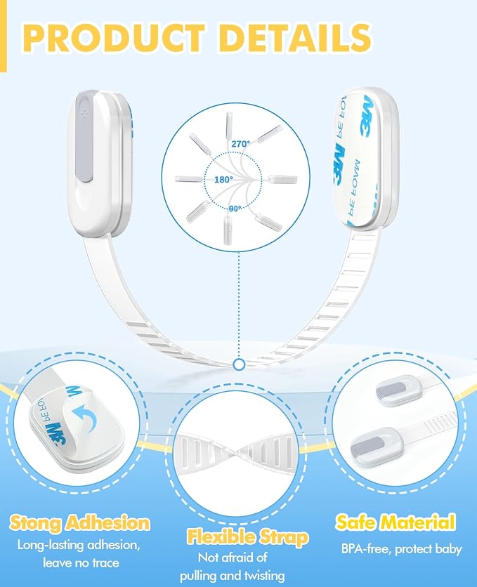 10 Pack Cabinet Locks Baby Proofing, Child Proof Cabinet Locks with 3M Adhesive - Easy Installation with Adjustable Straps, Multi-Purpose Child Safety Latches for Drawers Fridge Trash Cans White-Gray
