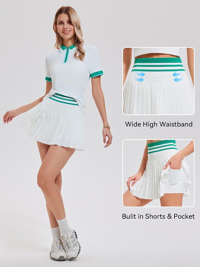 Tennis Skirt Sets for Women Zipper Color Block High Waisted Golf Polo Two Piece Skirt Set Women 2 Piece Outfits
