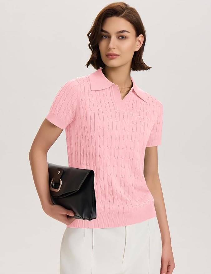 Micoson Womens Short Sleeve Sweater Tops Lapel V Neck Polo Shirts 2026 | Summer Cable Knit Loose Blouses, Business Casual Outfits