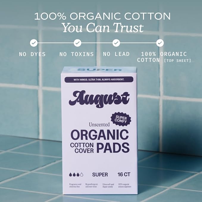 August Super Cotton Menstrual Pads, 36-Pack Ultra Thin Pads with Wings, Hypoallergenic Sanitary Napkins with Organic Cotton Topsheet, Compostable Wrappers, Toxin Free, Fragrance Free