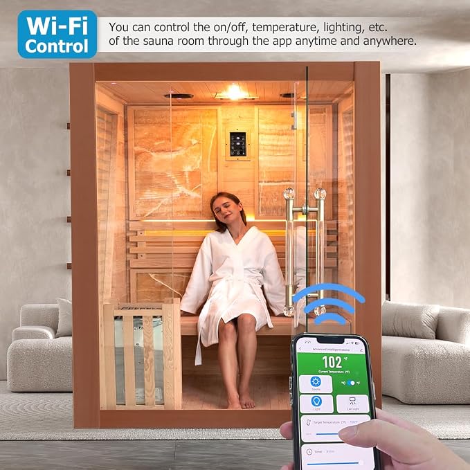 Smartmak Wood Home Steam Sauna, WiFi Control 3 Person Canadian Red Cedar Traditional Luxurious Wooden Indoor Spa Room, with 4.5 kw Heater, Speaker, Rocks, Water Bucket, Spoon, Sky Lights